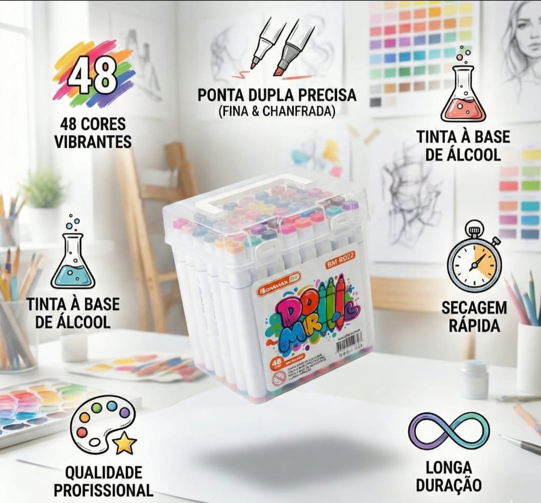 KIT 48 CANETAS MARCADORES PONTA DUPLA PROFISSIONAL BOMMAX PRO + MALETA ACRILICA - Imagem 2