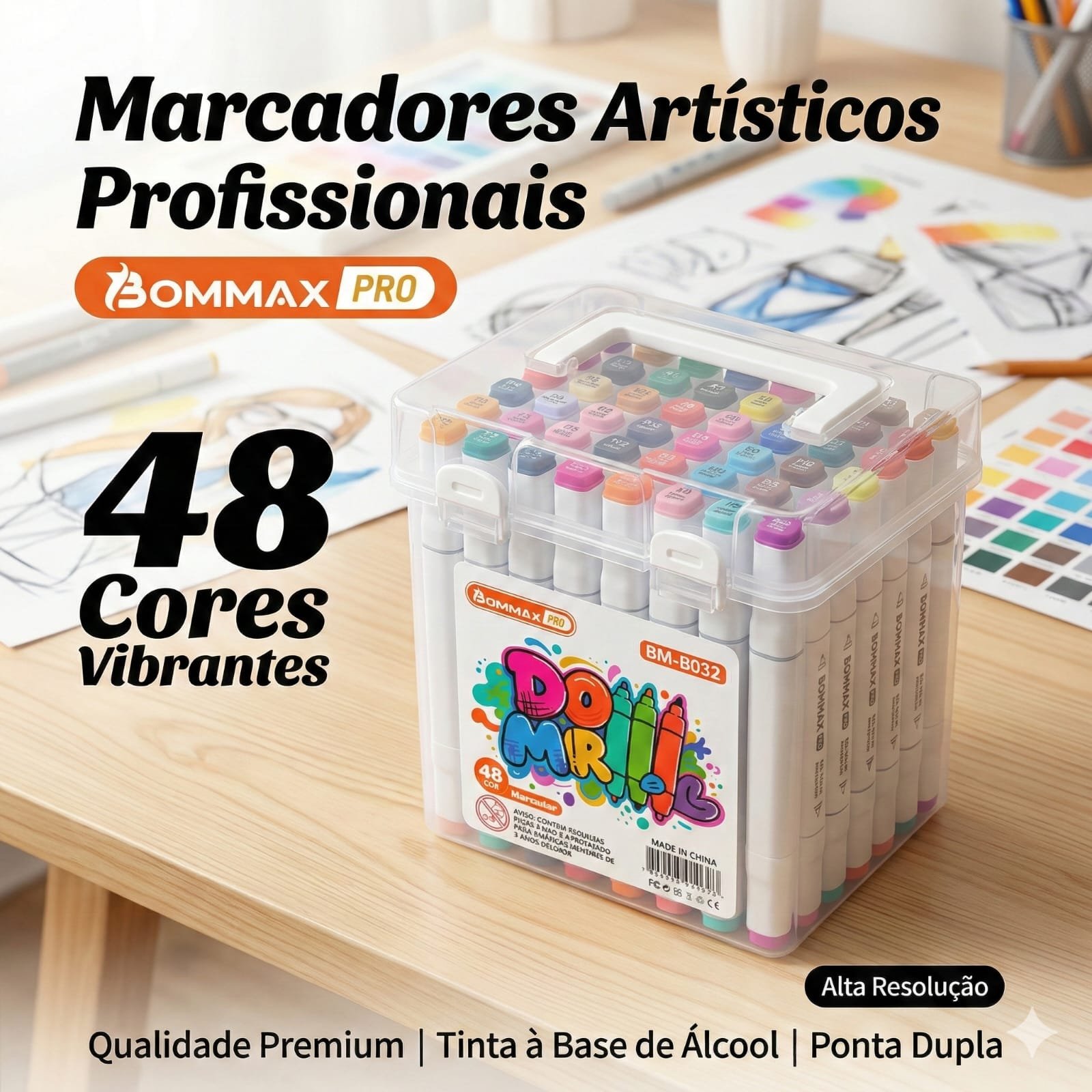 KIT 48 CANETAS MARCADORES PONTA DUPLA PROFISSIONAL BOMMAX PRO + MALETA ACRILICA